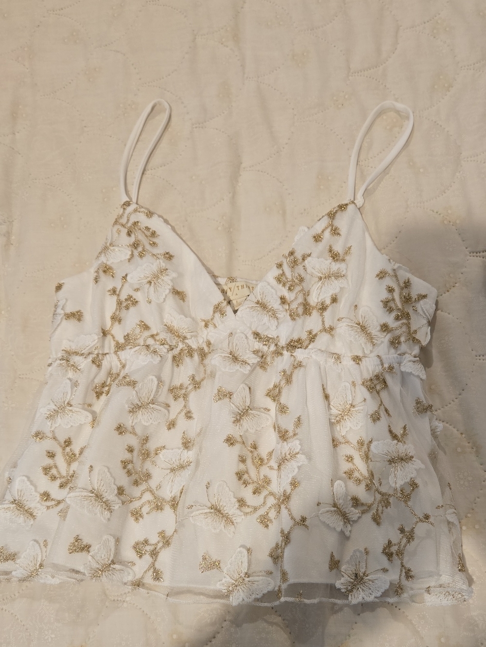 Thrifty Thrifty Girls White Crop Top with Gold Floral Embroidery